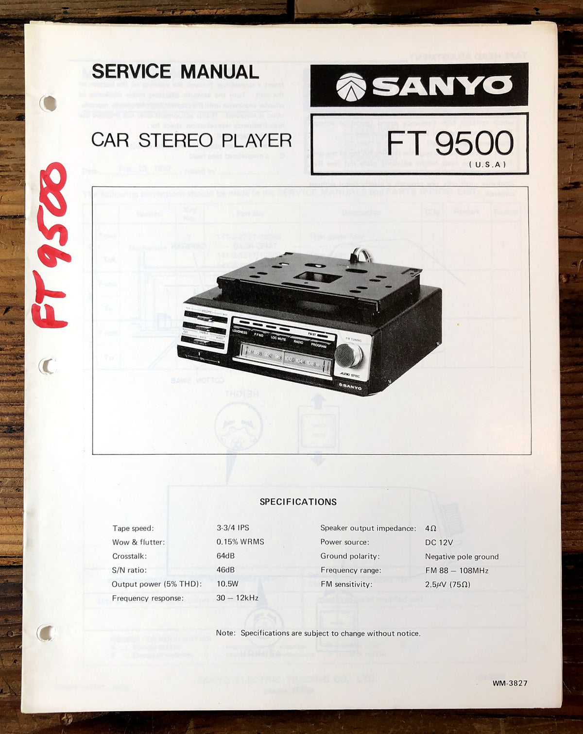 Sanyo FT 9500 Car Stereo Player Service Manual *Original*