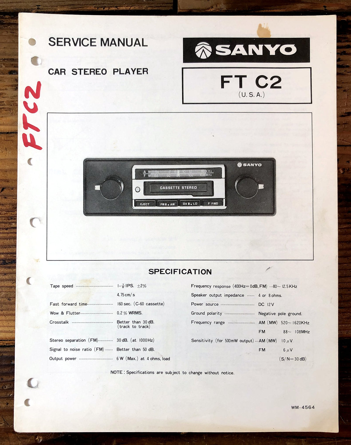Sanyo FT C2 Car Stereo Player Service Manual *Original*