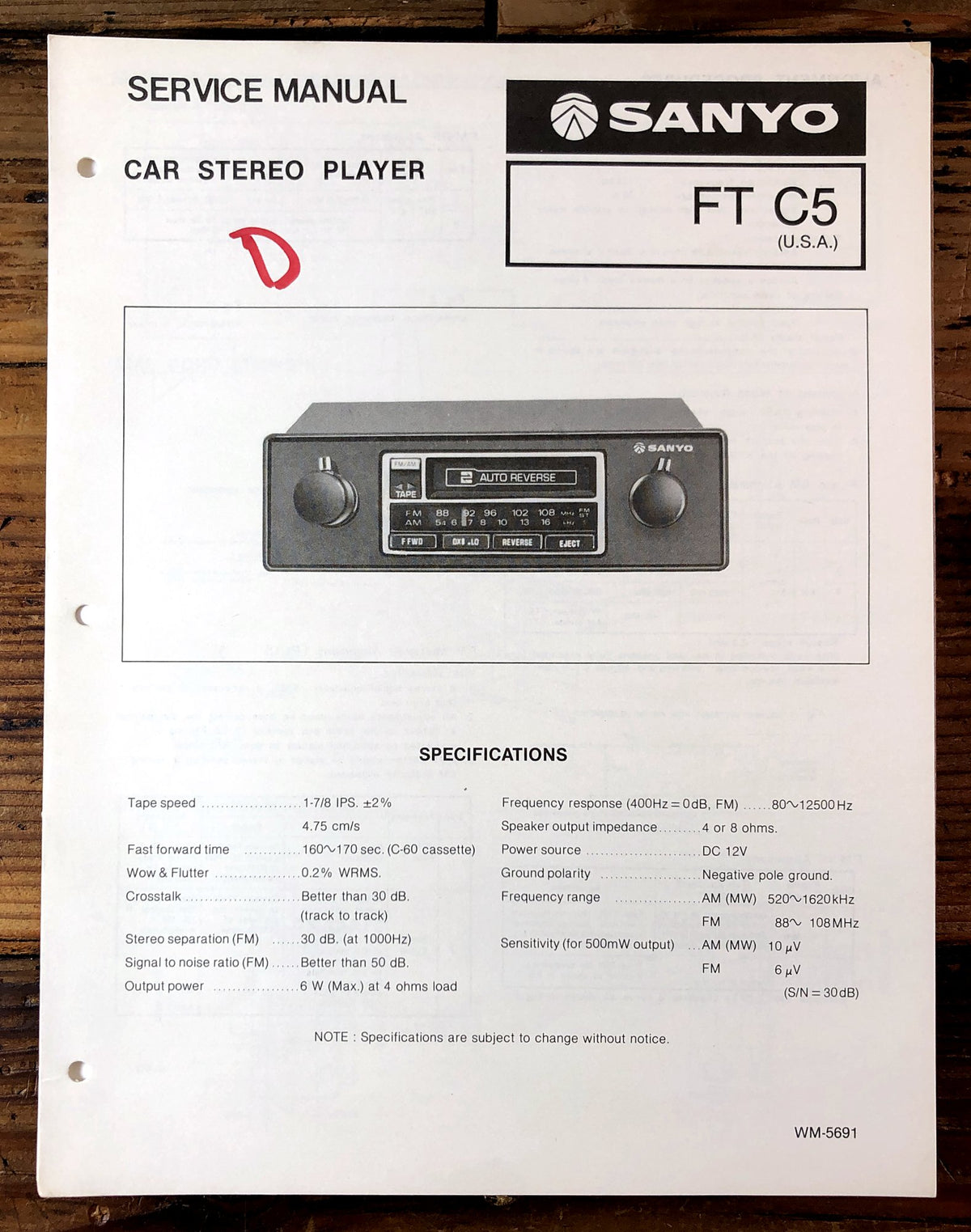 Sanyo FT C5 Car Stereo Player Service Manual *Original*