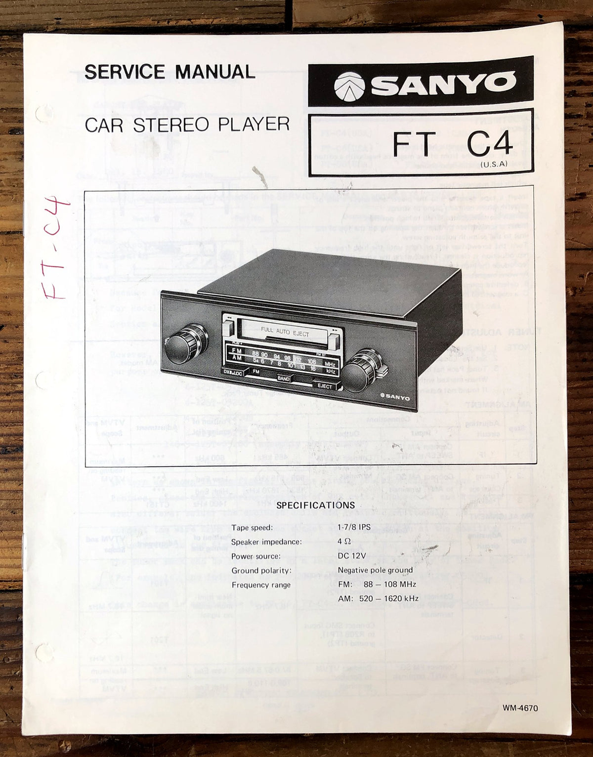 Sanyo FT C4 Car Stereo Player Service Manual *Original*