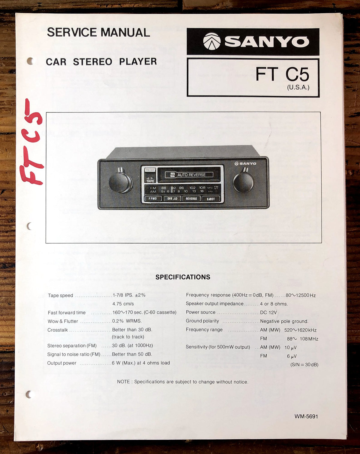 Sanyo FT C5 Car Stereo Player Service Manual *Original*