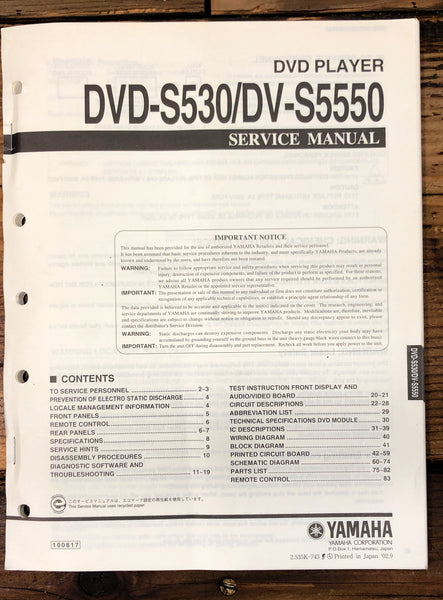 Yamaha DVD-S530 DV-S5550 DVD Player  Service Manual *Original*