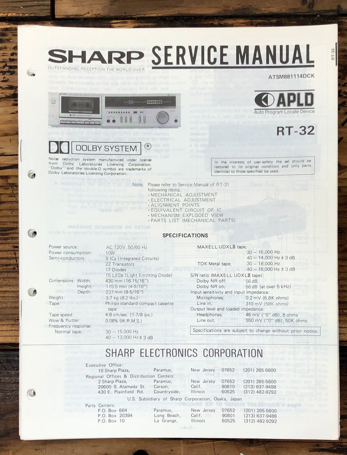 Sharp RT-32 Cassette Service Manual *Original*
