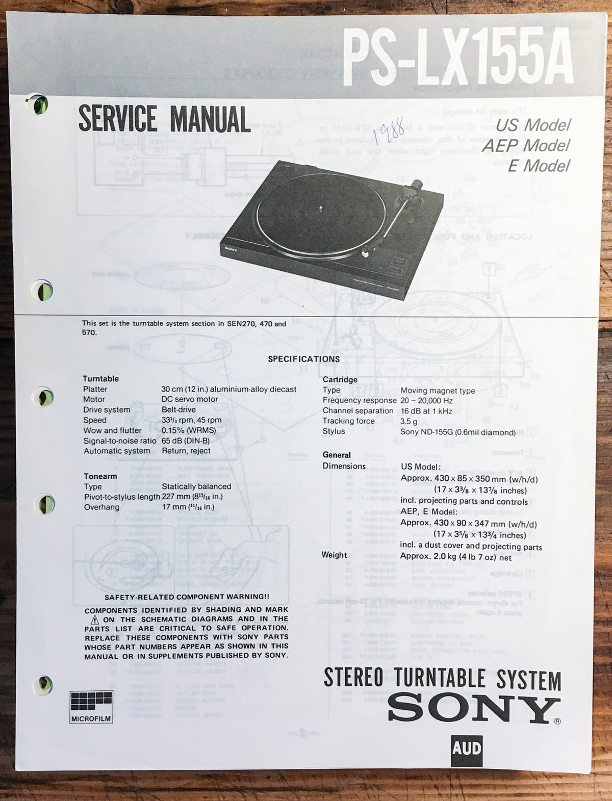 Sony PS-LX155A Turntable / Record Player  Service Manual *Original*