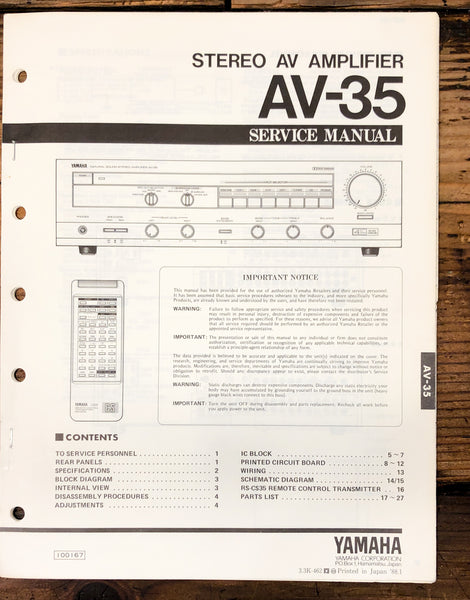 Yamaha AV-35 Amplifier  Service Manual *Original*