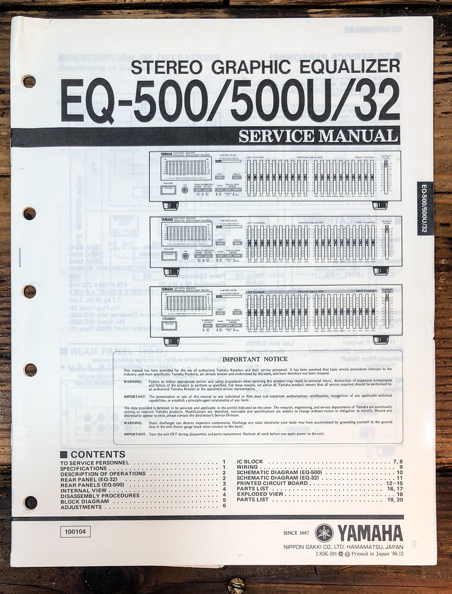 Yamaha EQ-500 EQ-500U EQ-32 Equalizer Service Manual *Original*