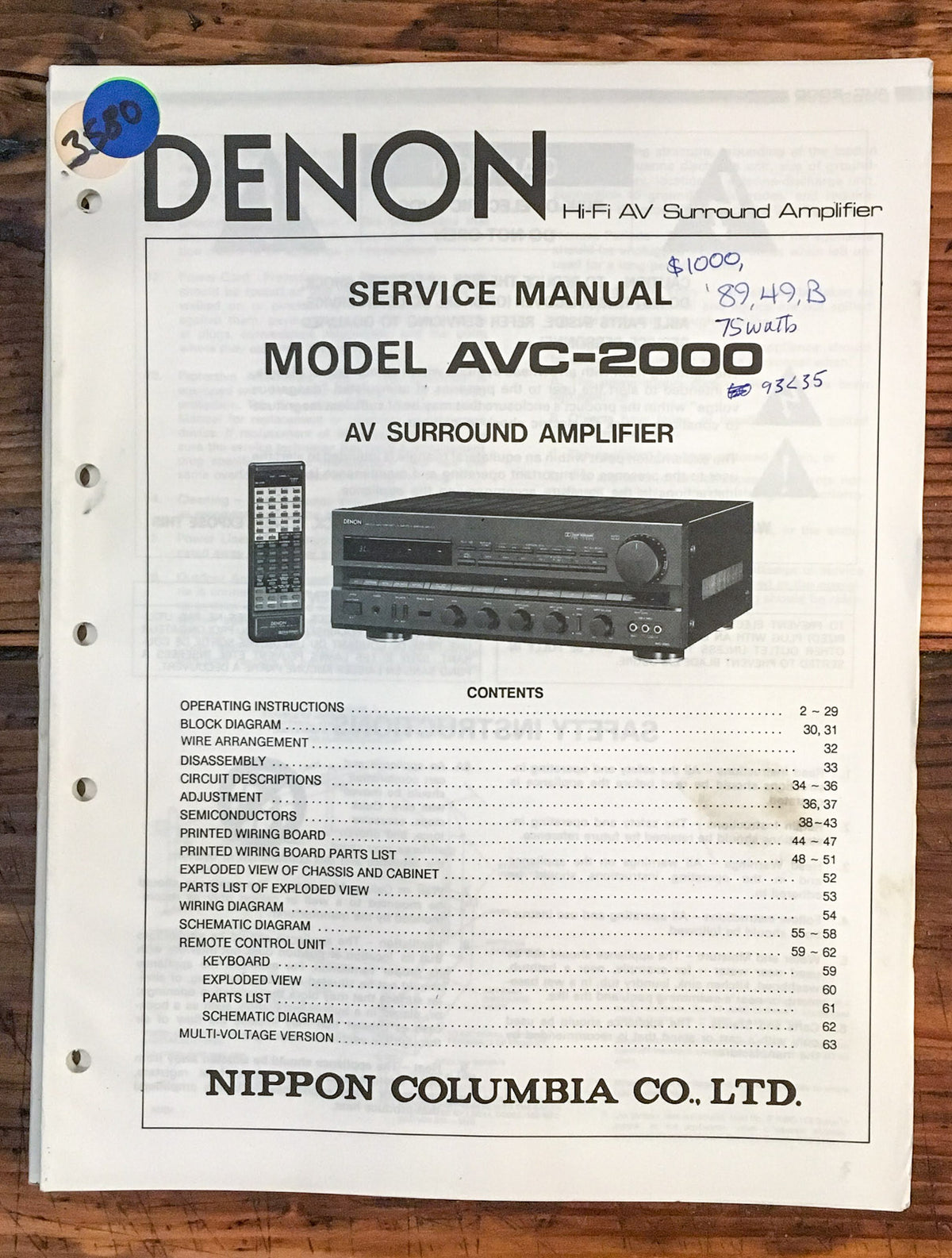 Denon AVC-2000 AV Amplifier  Service Manual *Original*