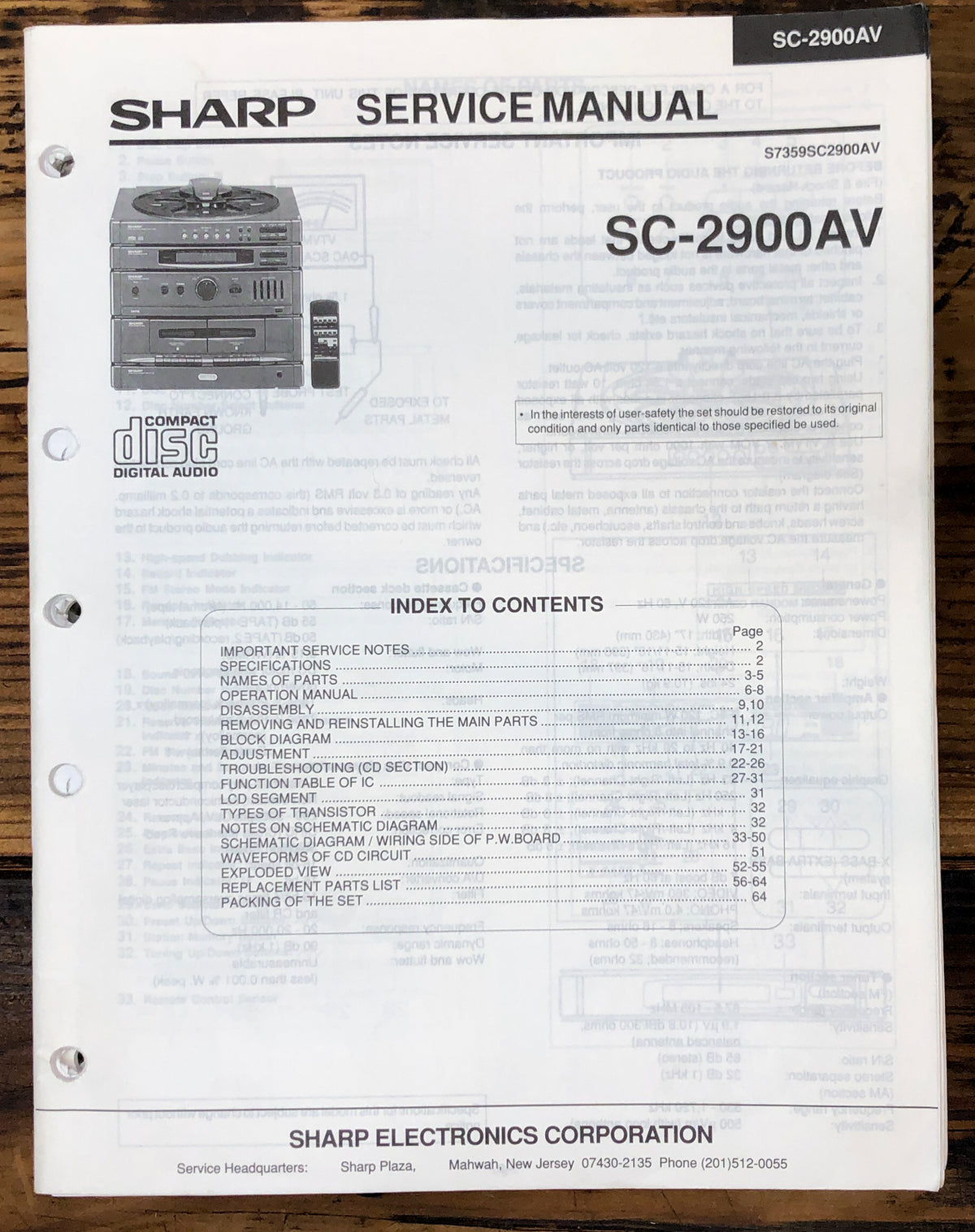 Sharp SC-2900AV Stereo System Service Manual *Original*
