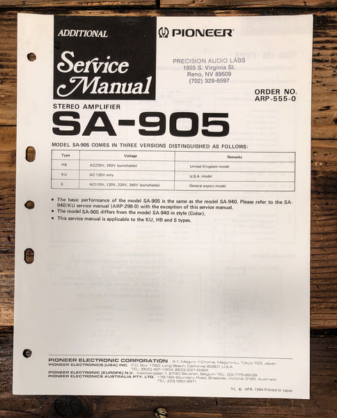 Pioneer SA-905 Amplifier Add.Service Manual *Original*