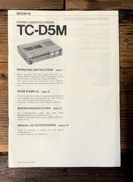 Sony TC-D5M Cassette Recorder  Owner / User Manual *Original*