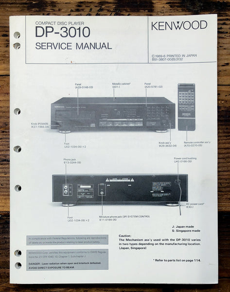 Kenwood DP-3010 CD Player  Service Manual *Original*