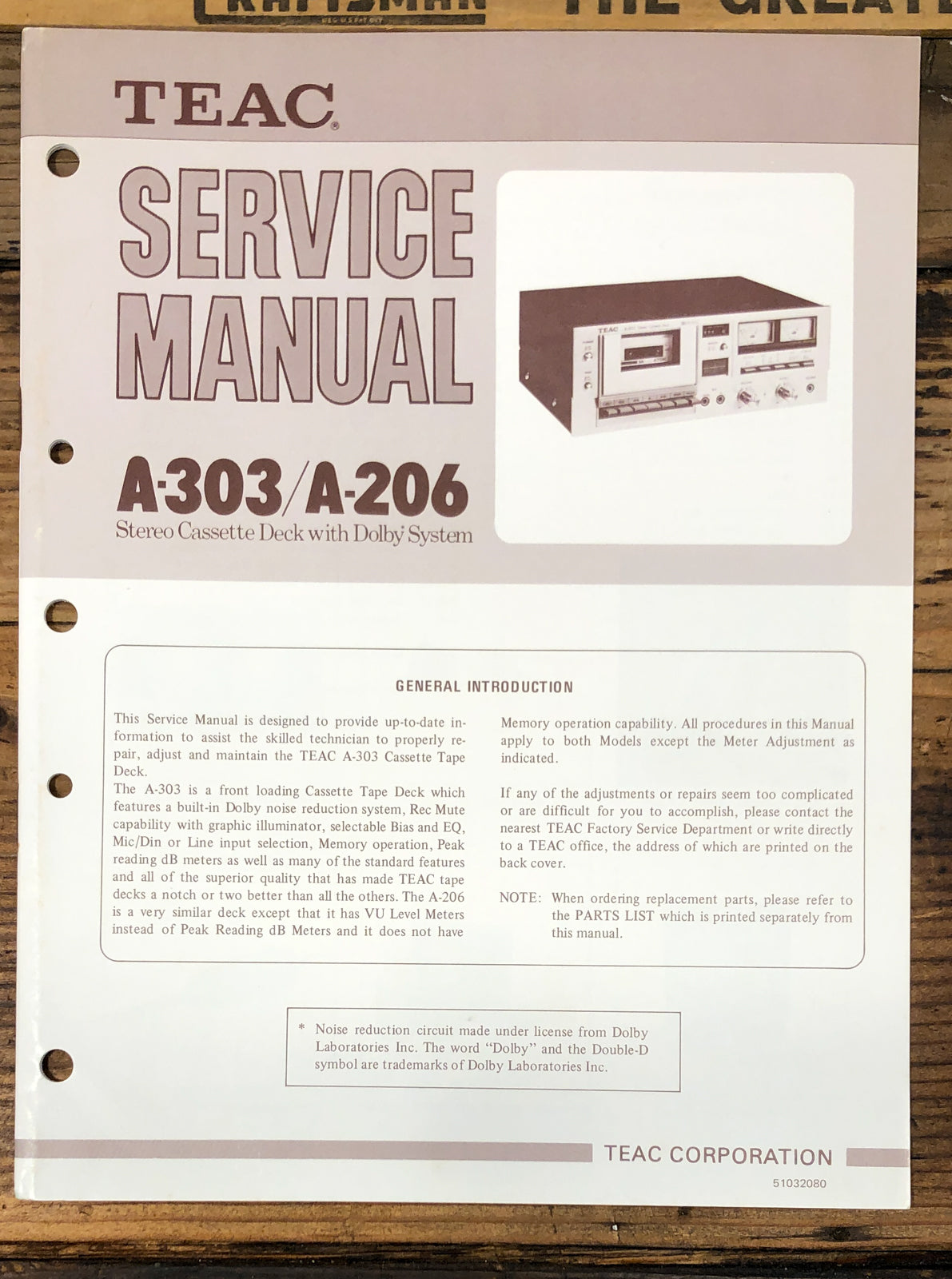 TEAC A-206 A-303 Cassette  Service Manual *Original*