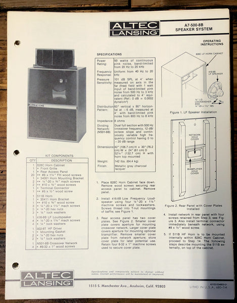 Altec Model A7-500 8B Speaker  Owners Manual & Schematic *Orig*