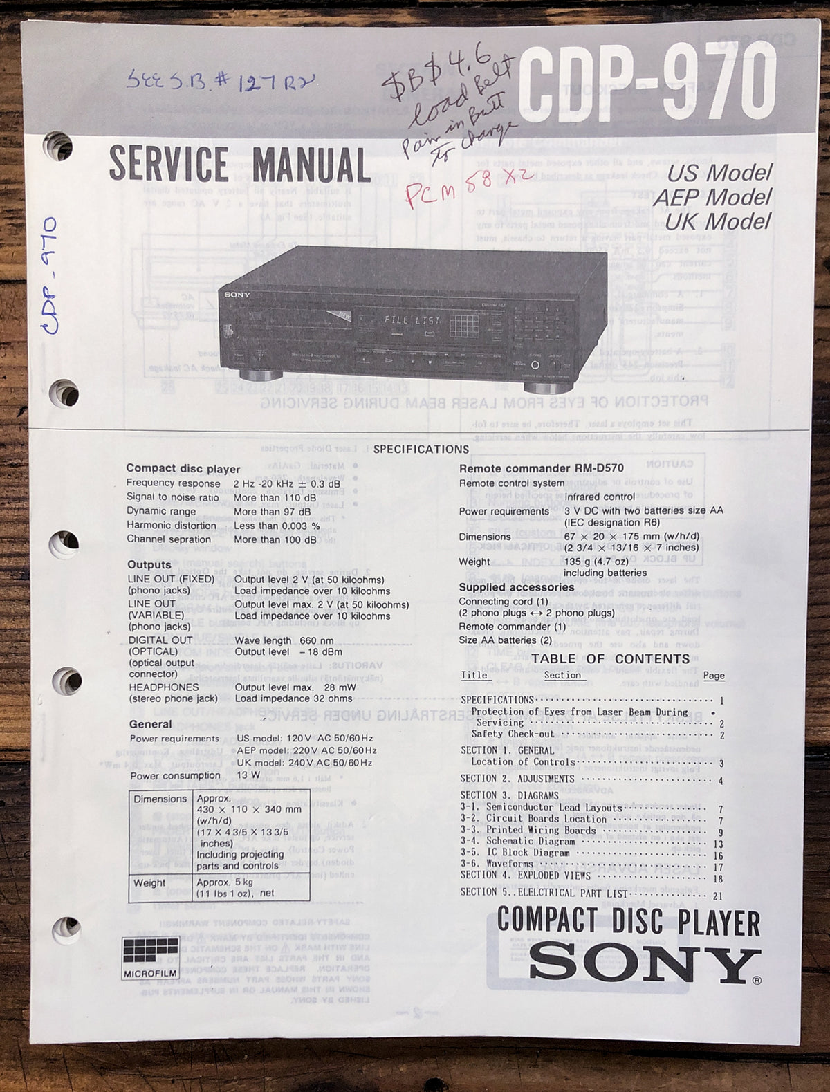 Sony CDP-970 CD Player  Service Manual *Original*