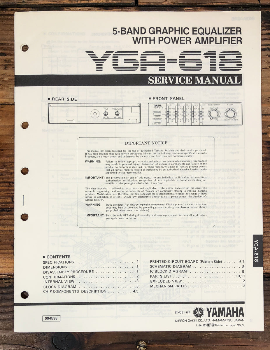 Yamaha YGA-618 Equalizer Service Manual *Original*