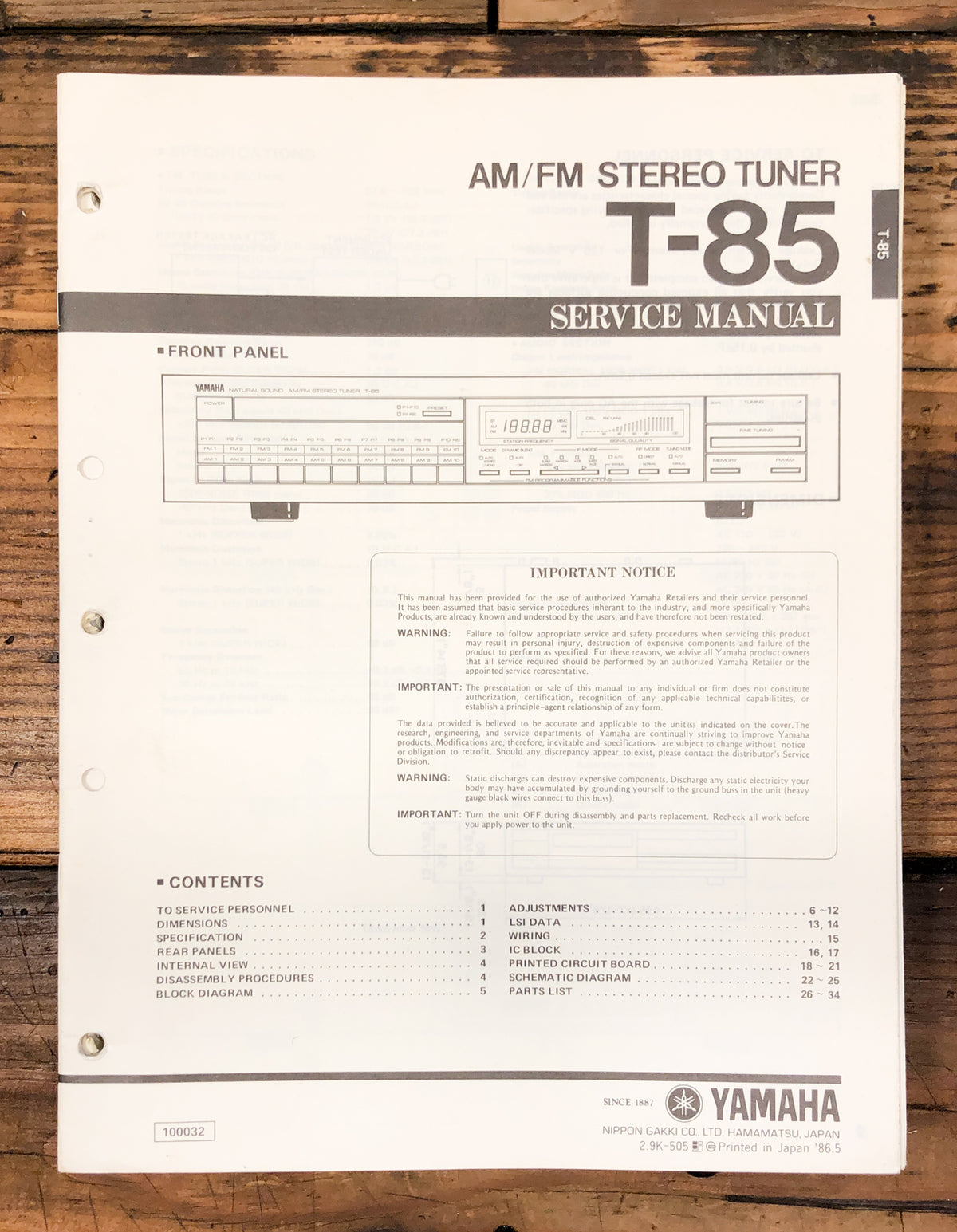 Yamaha T-85 Tuner  Service Manual *Original*