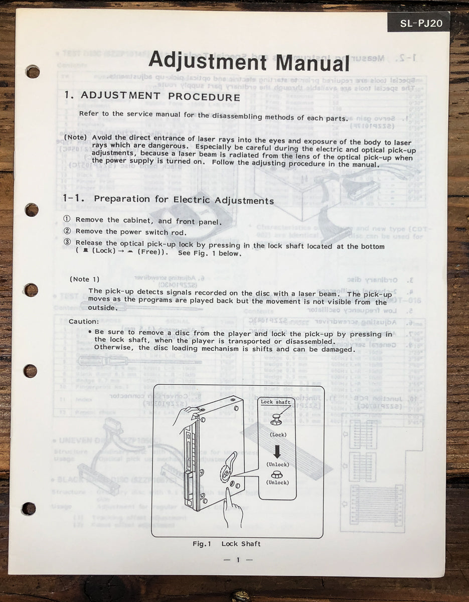 Technics SL-PJ20 CD Player Adjustment Service Manual *Original*
