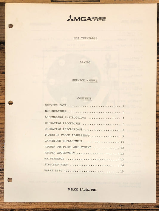 Mitsubishi DP-200 Record Player / Turntable  Service Manual *Original*