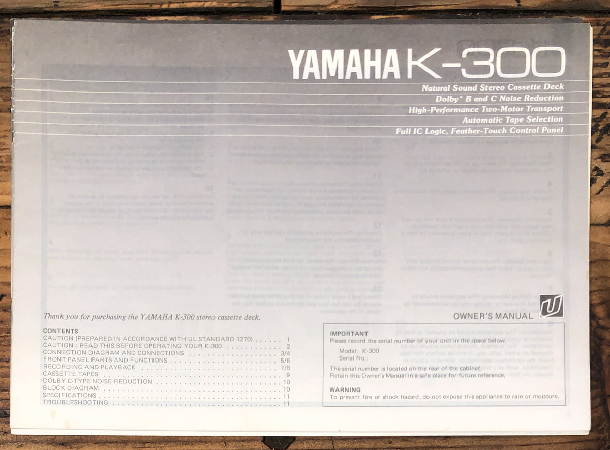 Yamaha K-300 Cassette  Owner / User Manual *Original*