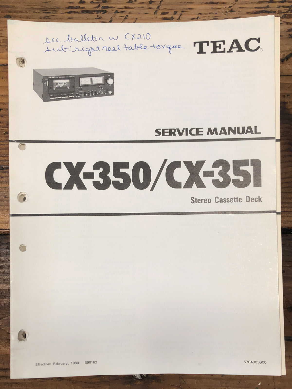 Teac CX-350 CX-351 Cassette  Service Manual *Original*