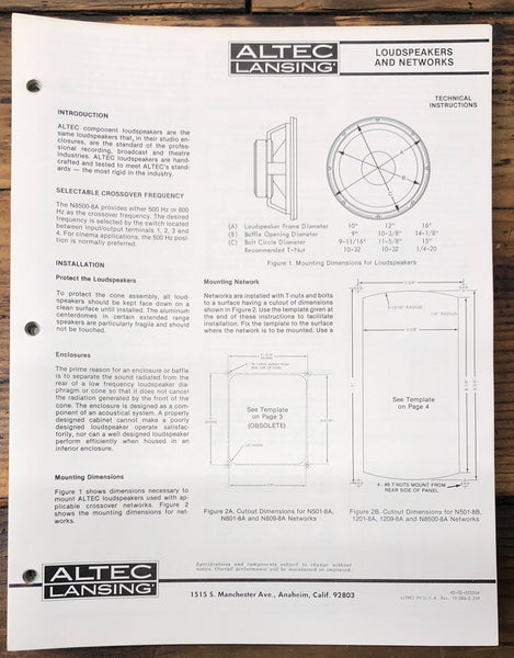 Altec Loudspeakers and Networks 1209-8A N1201-8A ++  4pg Service Manual *Orig*