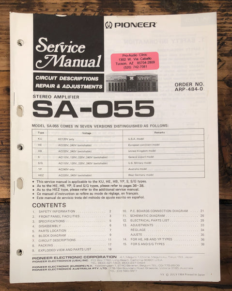 Pioneer SA-055 Amplifier  Service Manual *Original*