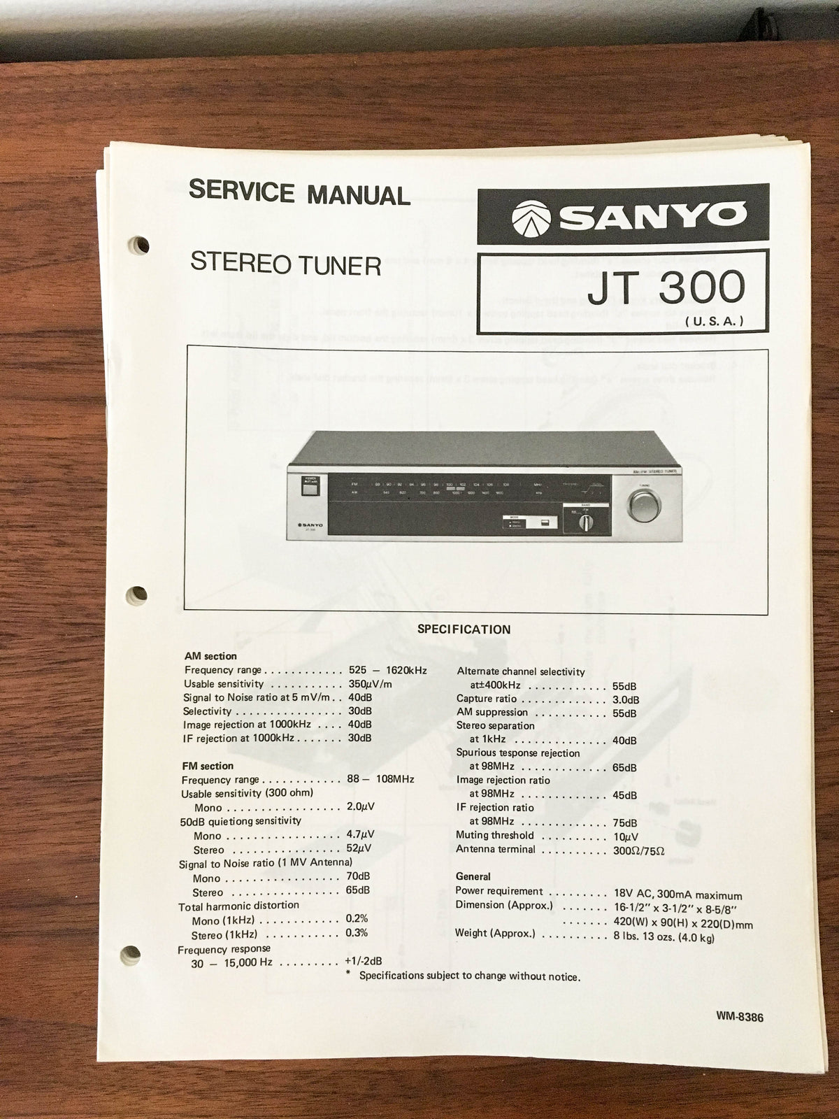 Sanyo JT 300 Tuner Service Manual *Original*