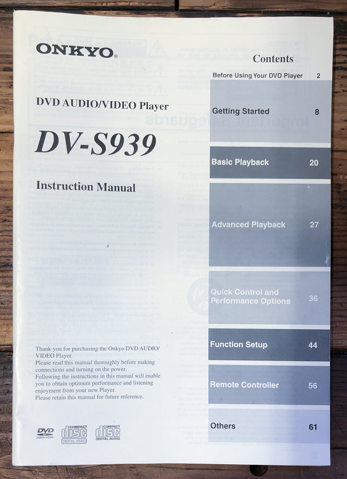 Onkyo DV-S939 DVD Player  Owner / User Manual *Original*