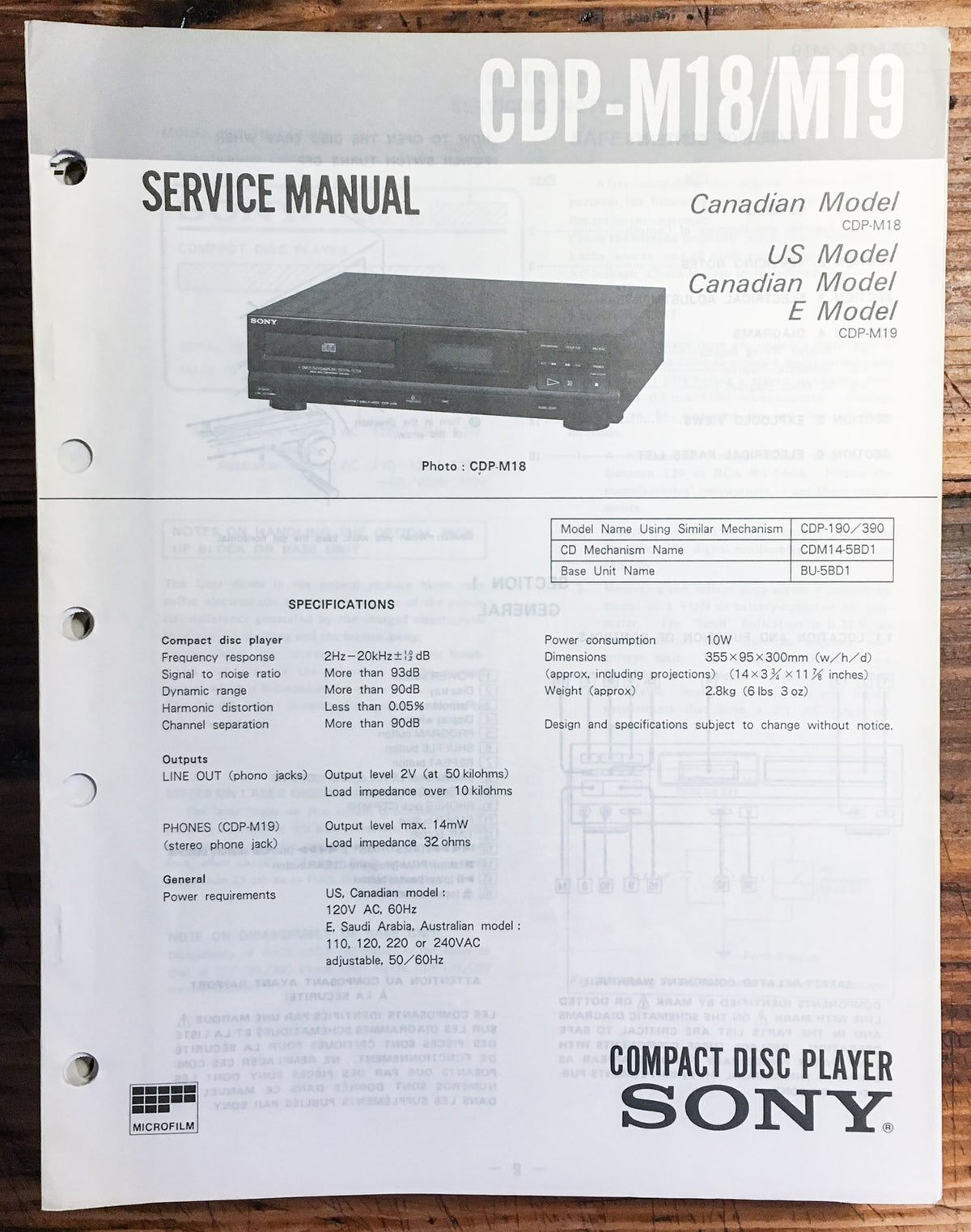 Sony CDP-M18 CDP-M19 CD  Player  Service Manual *Original*