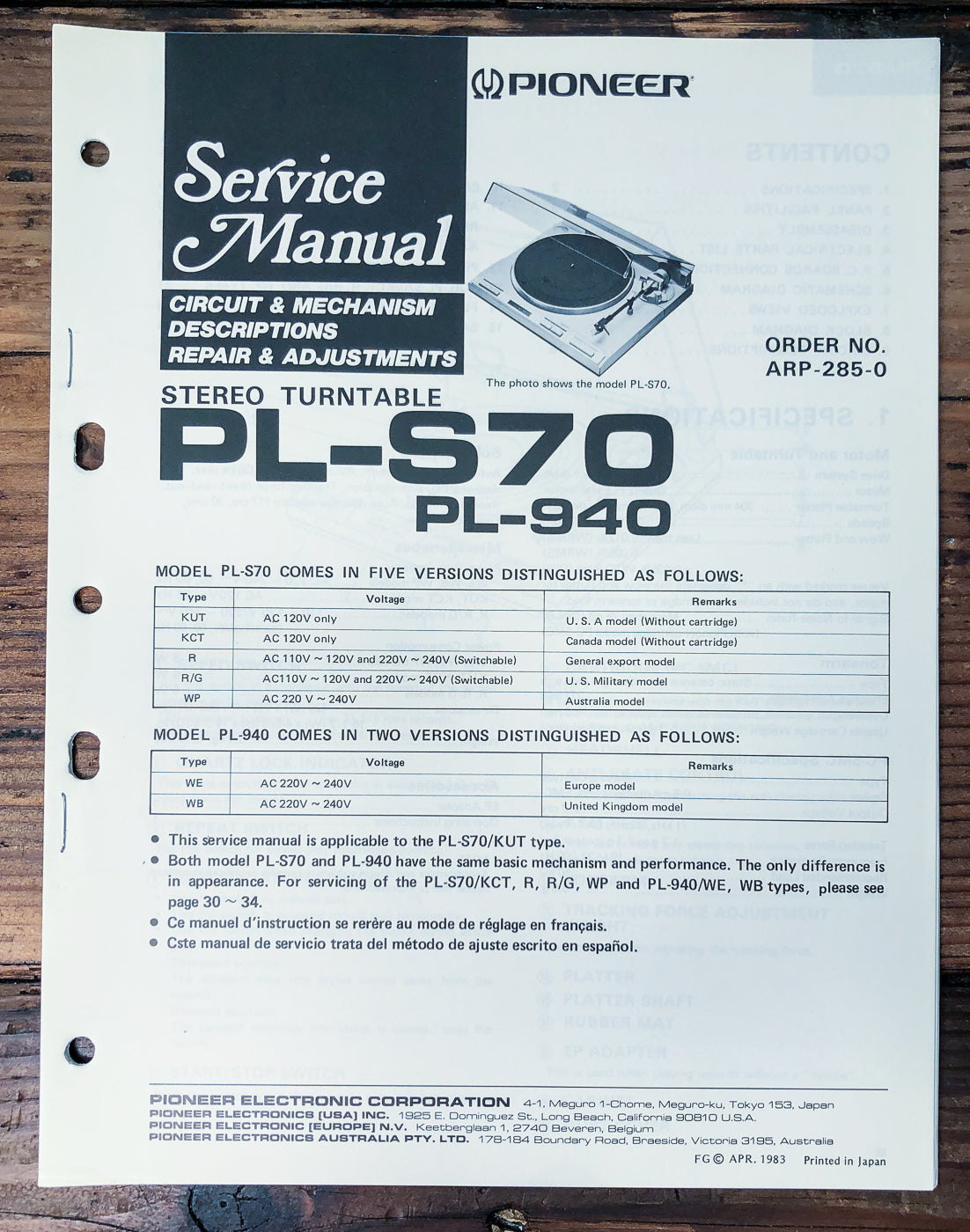 Pioneer PL-S70 PL-940 Turntable Service Manual *Original*