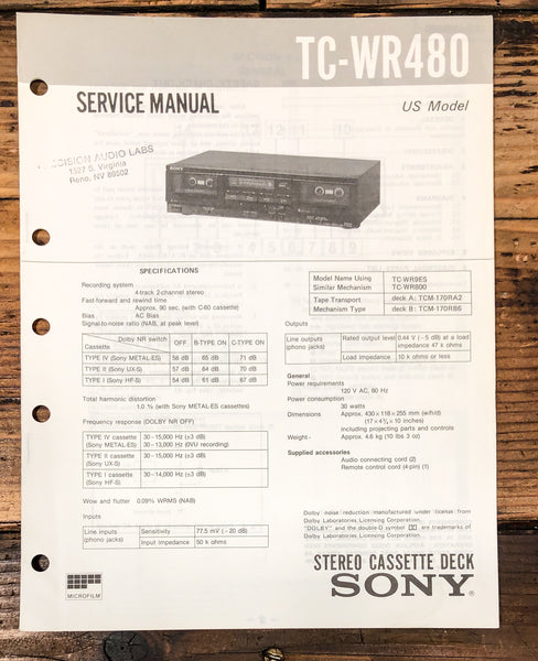Sony TC-WR480 Cassette Service Manual *Original*