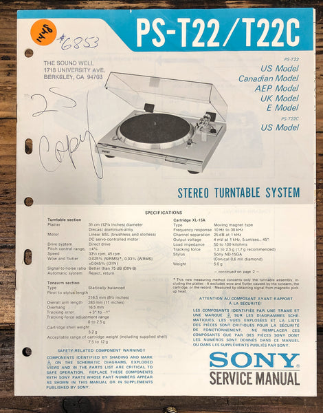 Sony PS-T22 PS-T22C Record Player / Turntable Service Manual *Original*