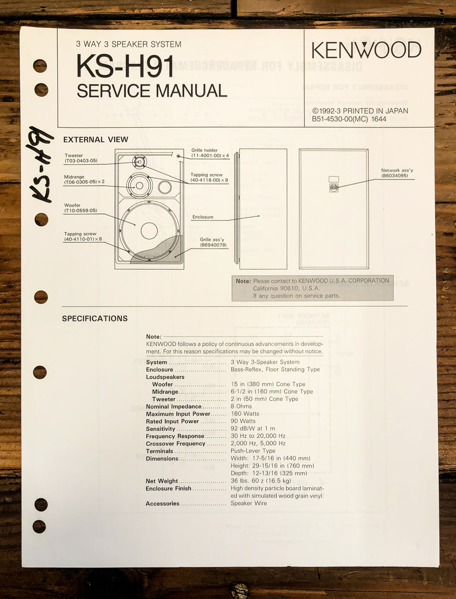 Kenwood KS-H91 Speaker Service Manual *Original*