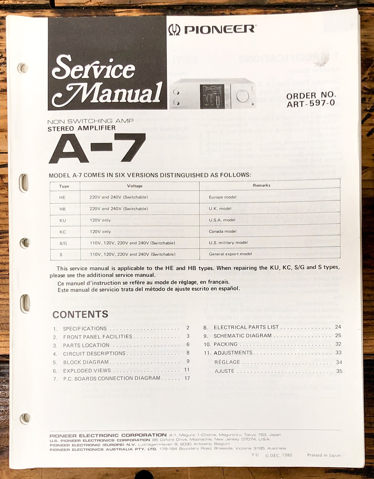 Pioneer A-7 Amplifier Service Manual *Original*