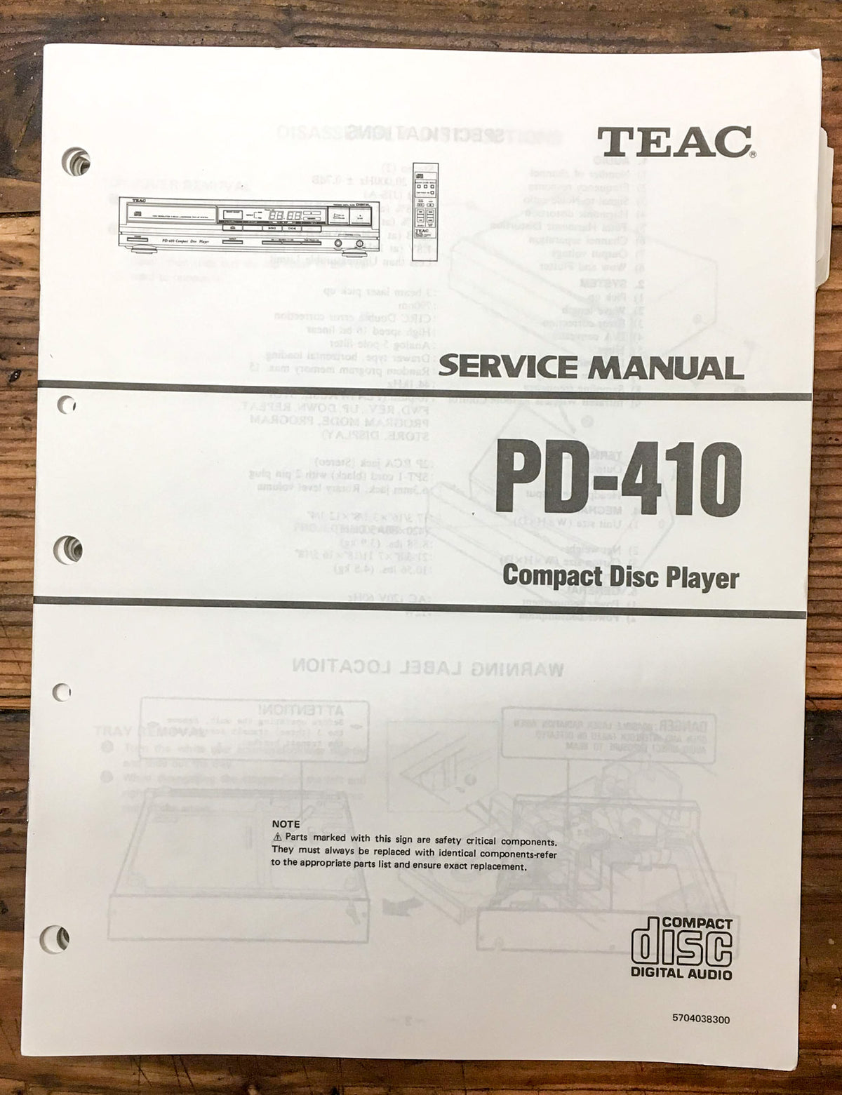 Teac PD-410 CD Player  Service Manual *Original*