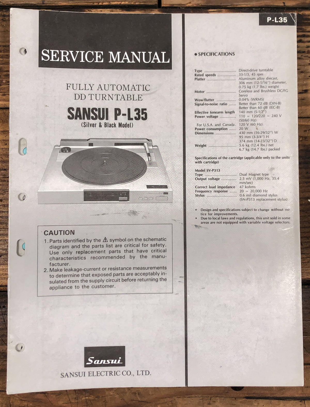 Sansui P-L35 Record Player / Turntable  Service Manual *Original*