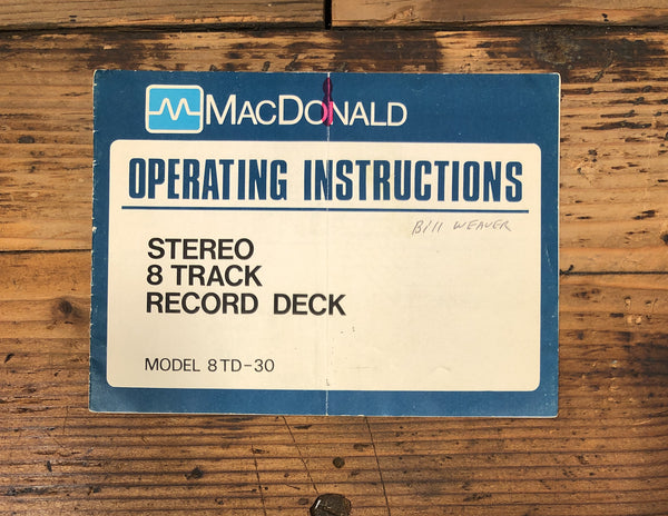MacDonald  8TD-30 8 Track Owners / User Manual *Original*