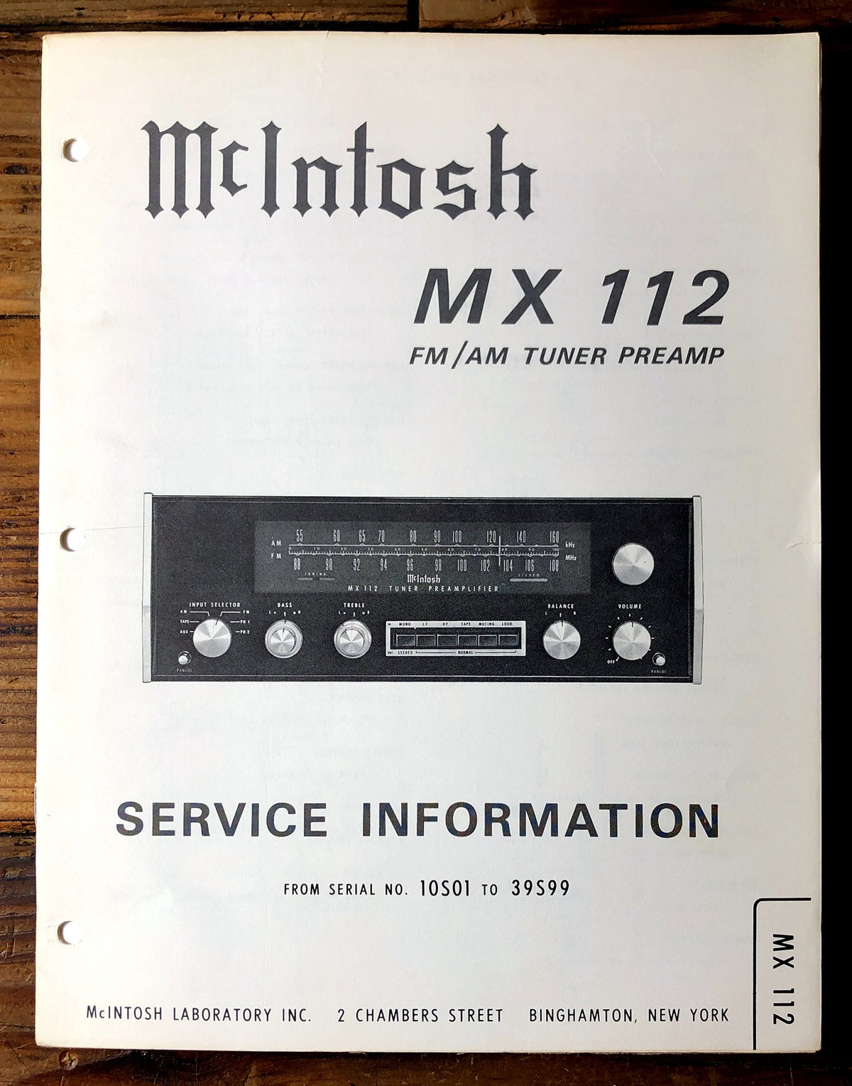 McIntosh MX-112 Tuner Preamp Service Manual (Serial 10S01-39S99) *Original*