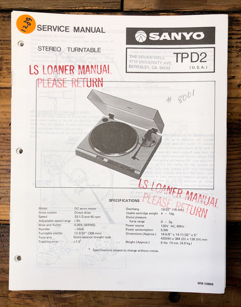 Sanyo TPD2 TP-D2 Record Player / Turntable  Service Manual *Original*