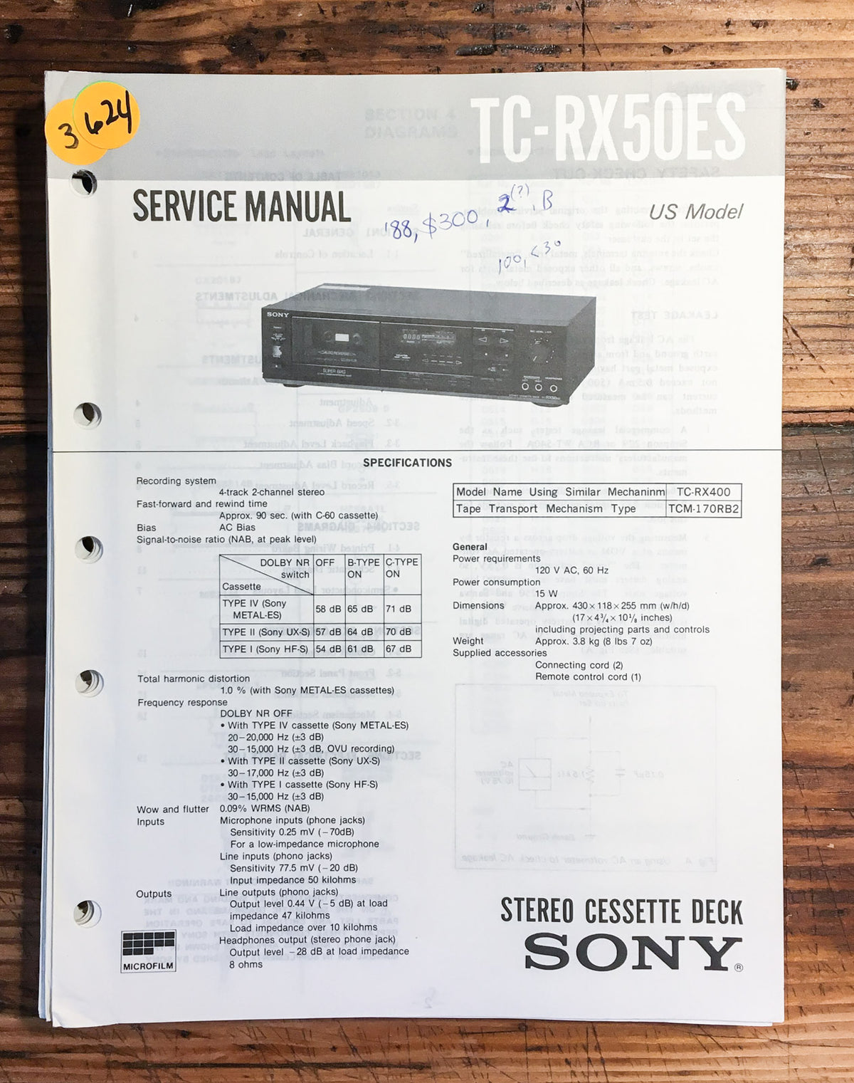 Sony TC-RX50ES Cassette  Service Manual *Original*