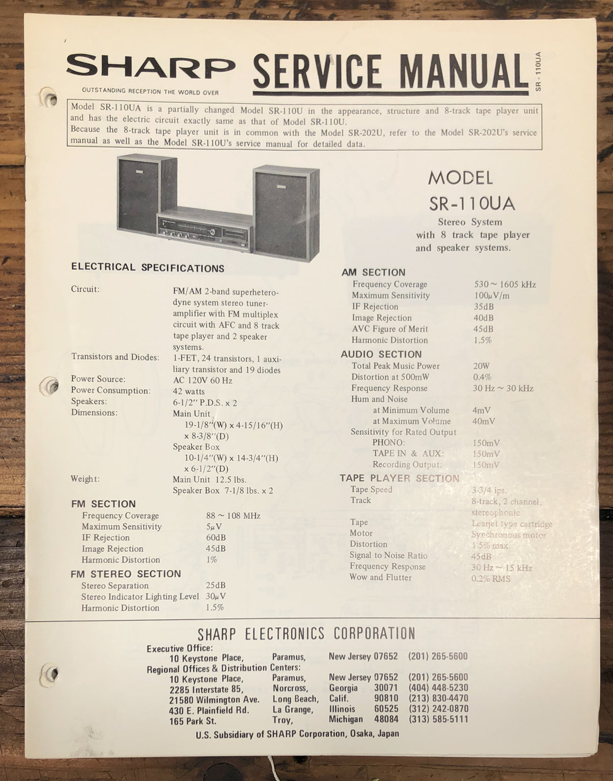 Sharp SR-110 SR-110UA Stereo  Service Manual *Original*