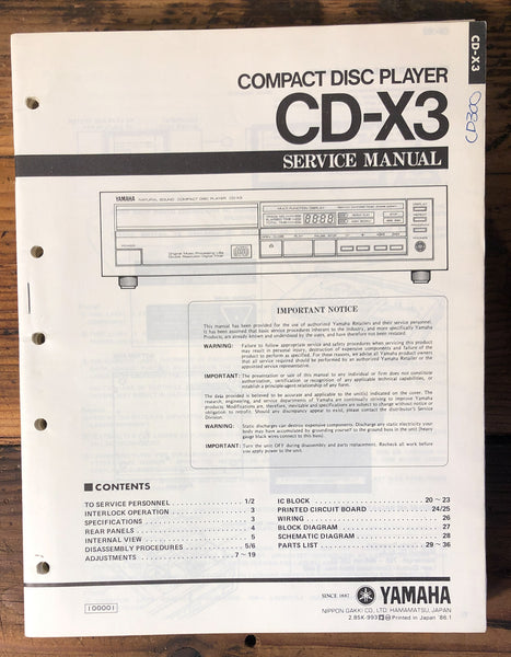 Yamaha CD-X3 CD Player  Service Manual *Original*