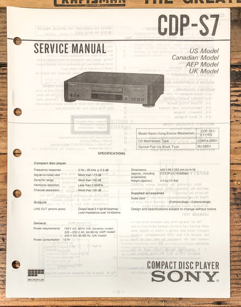 Sony CDP-S7 CD Player  Service Manual *Original*