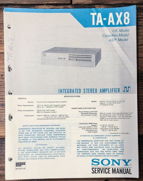 Sony TA-AX8 Amplifier  Service Manual *Original*