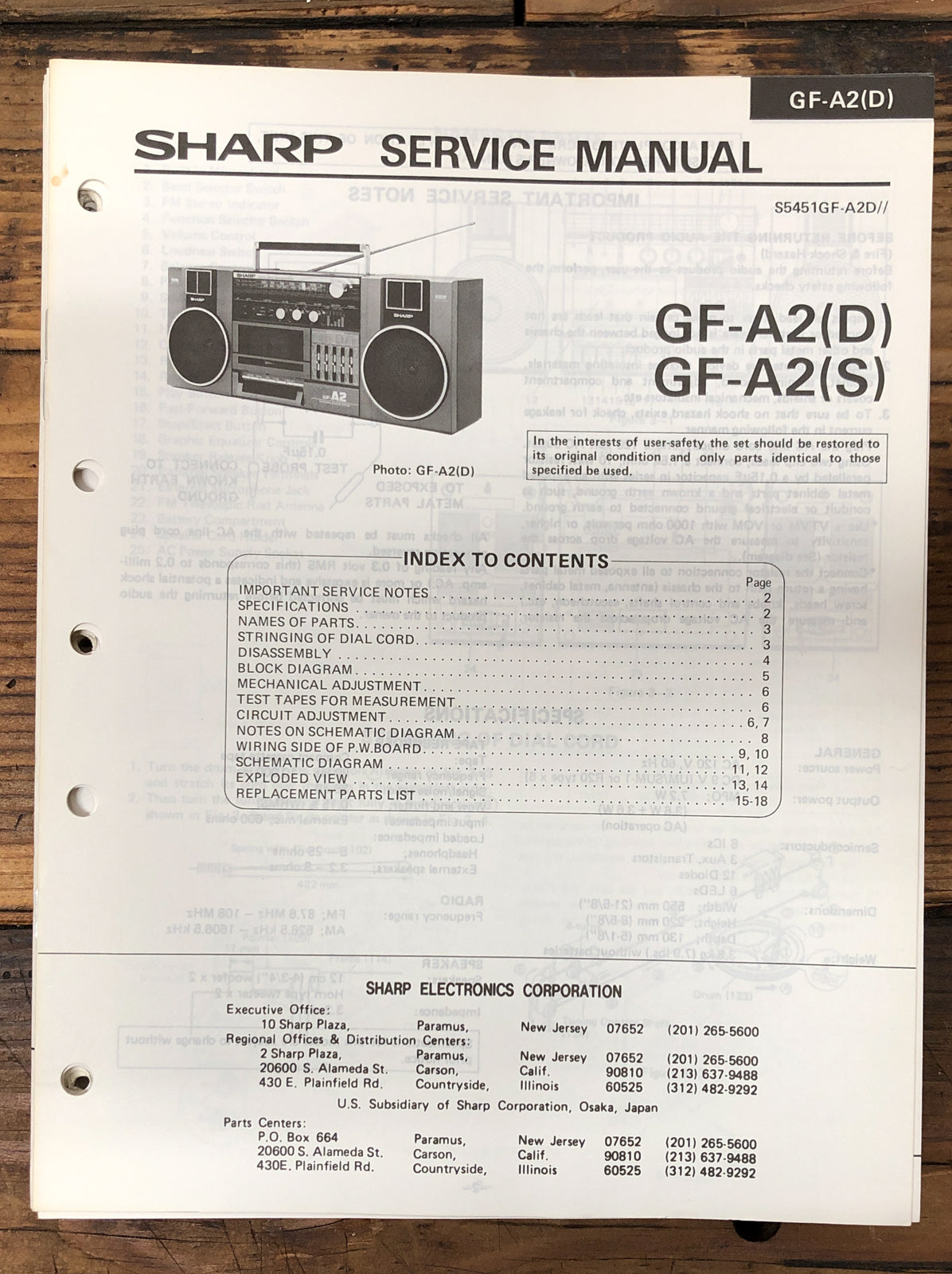 Sharp GF-A2 Radio Cassette  Service Manual *Original*