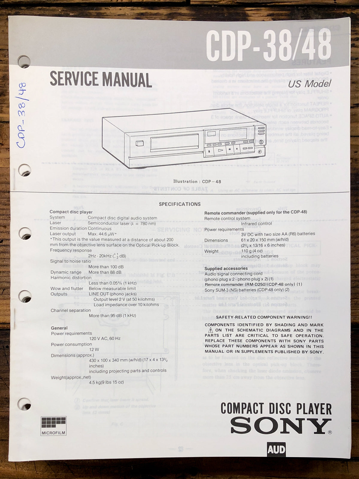 Sony CDP-38 CDP-48 CD Player  Service Manual *Original*
