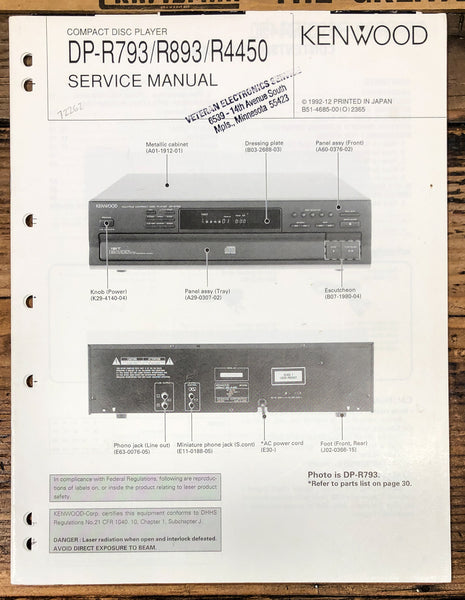 Kenwood DP-R793 -R893 -R4450 CD Player  Service Manual *Original*