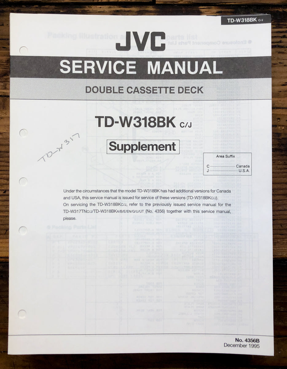 JVC TD-W318 Cassette Supp. Service Manual *Original*
