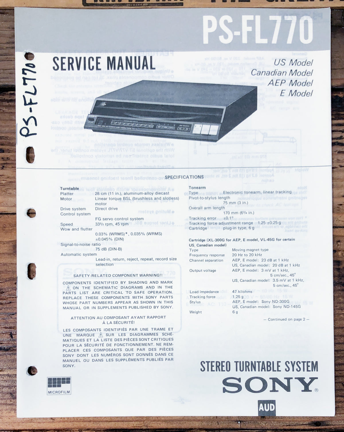 Sony PS-FL770 Record Player / Turntable  Service Manual *Original*