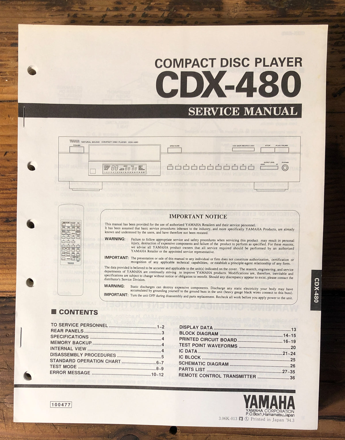 Yamaha CDX-480 CD Player  Service Manual *Original*